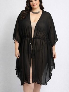 GEORGE Black Swim Coverup Tassels Pom Poms 1X